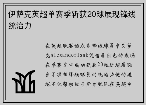 伊萨克英超单赛季斩获20球展现锋线统治力 伊萨克英超单赛季斩获20球展现锋线统治力