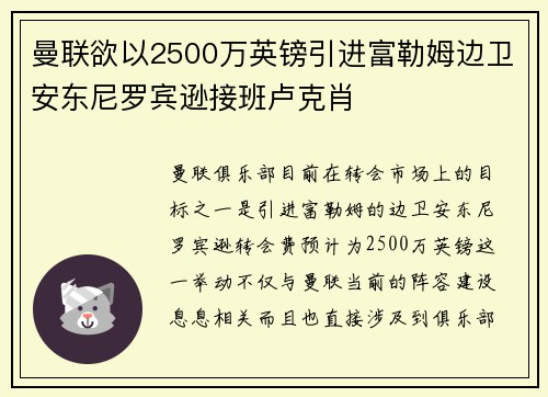 曼联欲以2500万英镑引进富勒姆边卫安东尼罗宾逊接班卢克肖 曼联欲以2500万英镑引进富勒姆边卫安东尼罗宾逊接班卢克肖